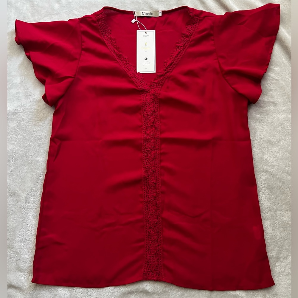 NWT Cinnie Red Flutter Sleeve Crochet Front Blouse